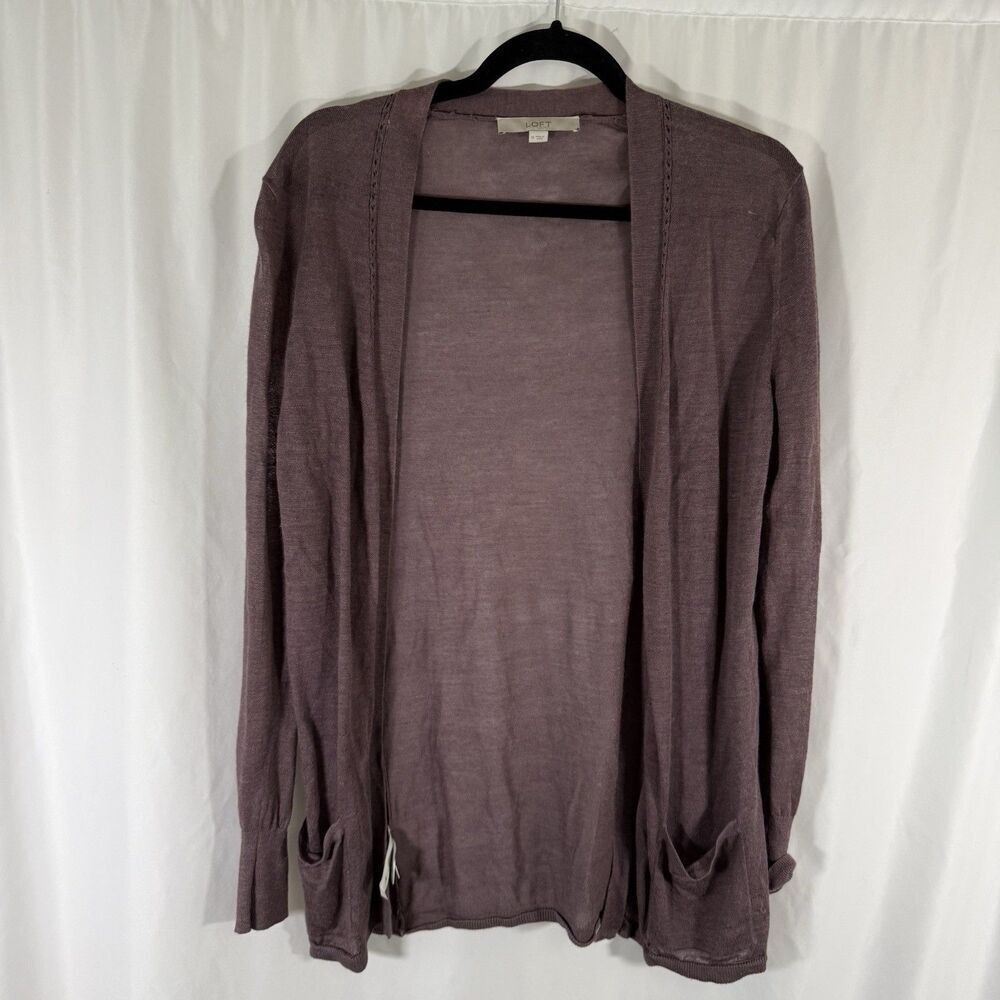 LOFT Cardigan Women Medium Brown Ramie Blend Knit Pockets Open Front Lightweight